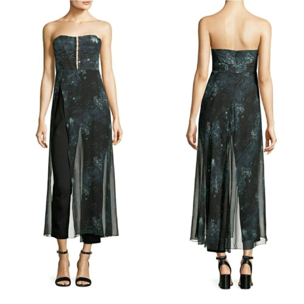 Haute Hippie black teal abstract Ginnie sheer silk strapless corset jumpsuit